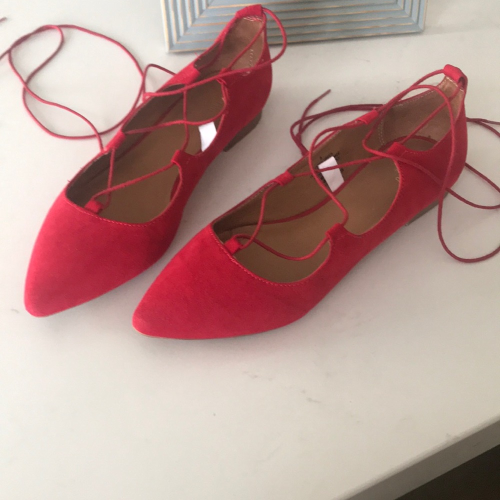 Red lace up pointy toe flats